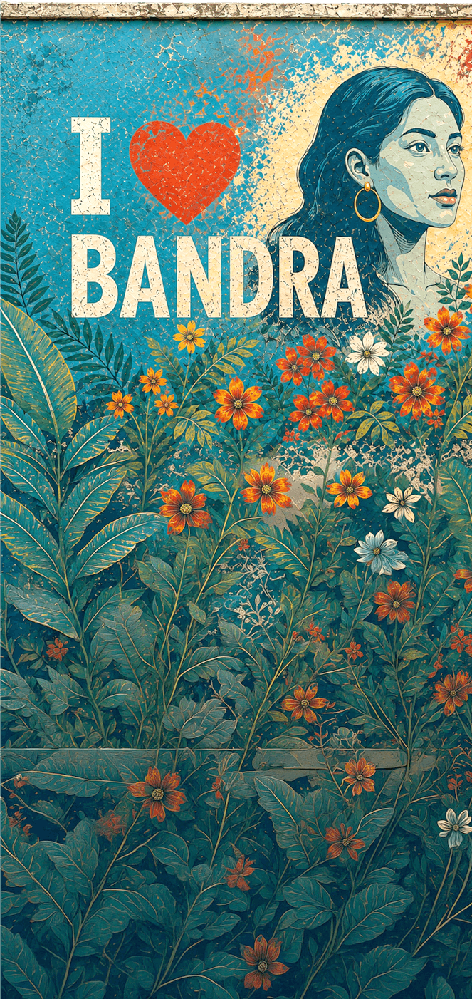 I love Bandra mural surrounded by painted flowers