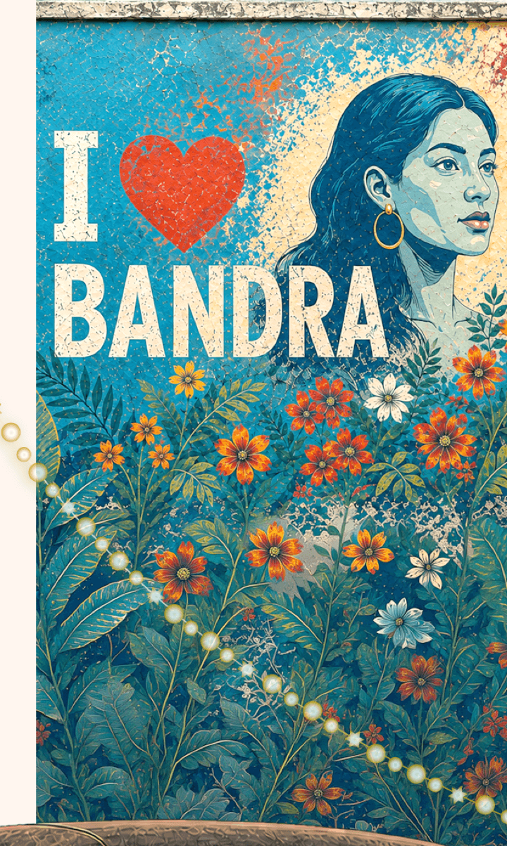 I love Bandra mural surrounded by painted flowers