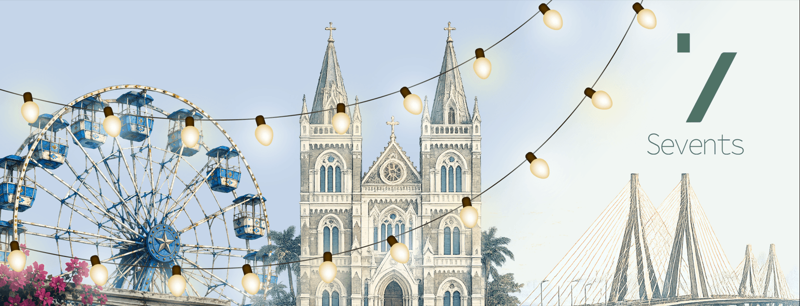 Collage of Bandra landmarks — ferris wheel, Mount Mary's Basilica and the Sea Link under string lights