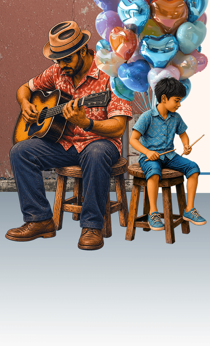 Illustration of a guitarist and a young drummer with heart-shaped balloons