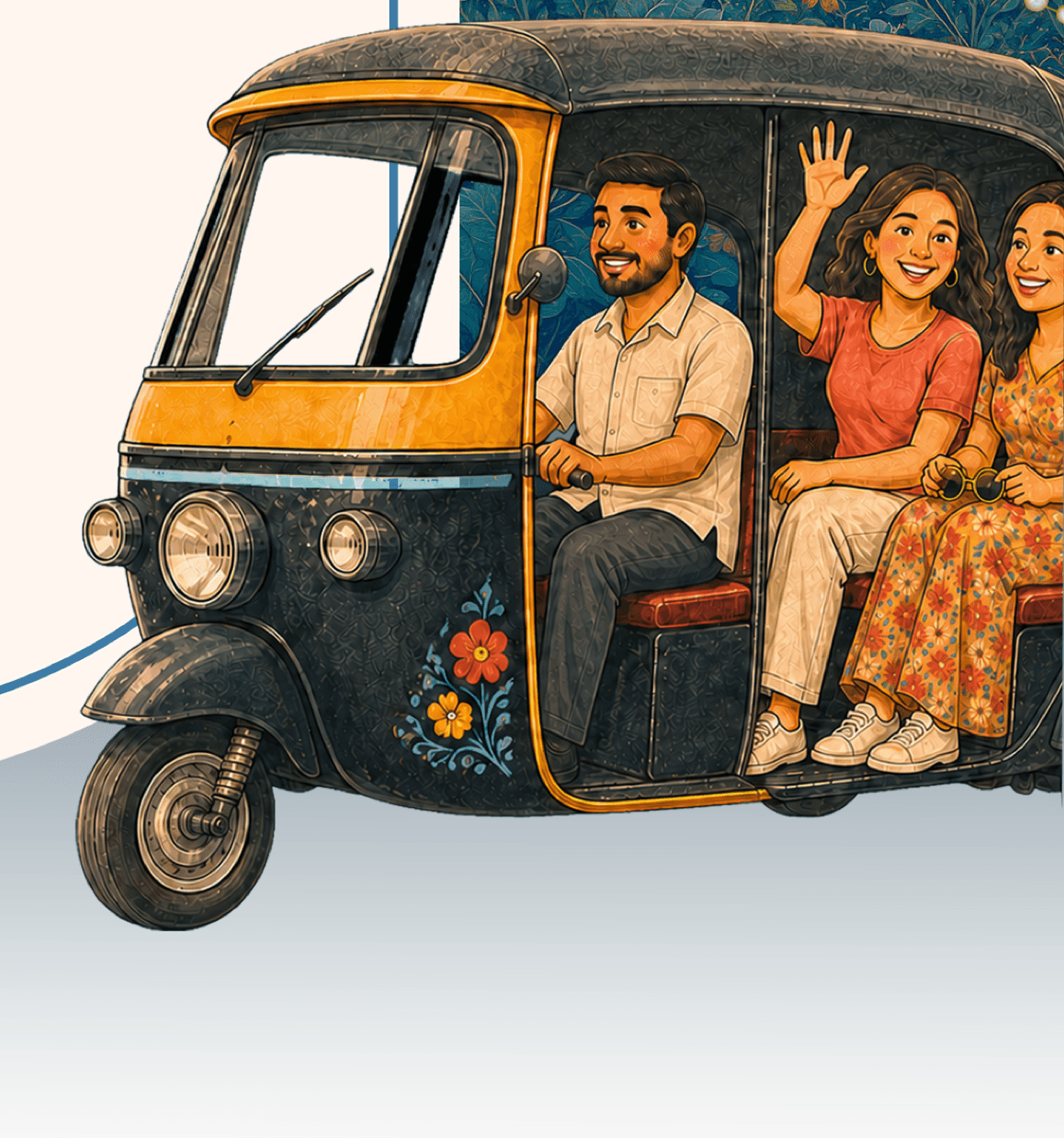 Illustration of a family riding a decorated auto rickshaw